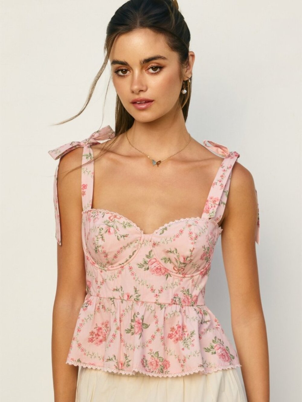 NWT Dress Forum Pink Coquette Feminine Rose Floral Print Corset Peplum Cut Top